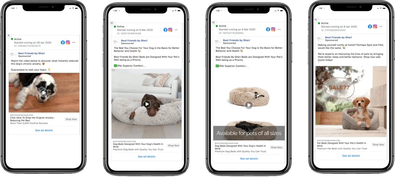 Four Facebook and Instagram ads for Best Friends by Sheri pet beds