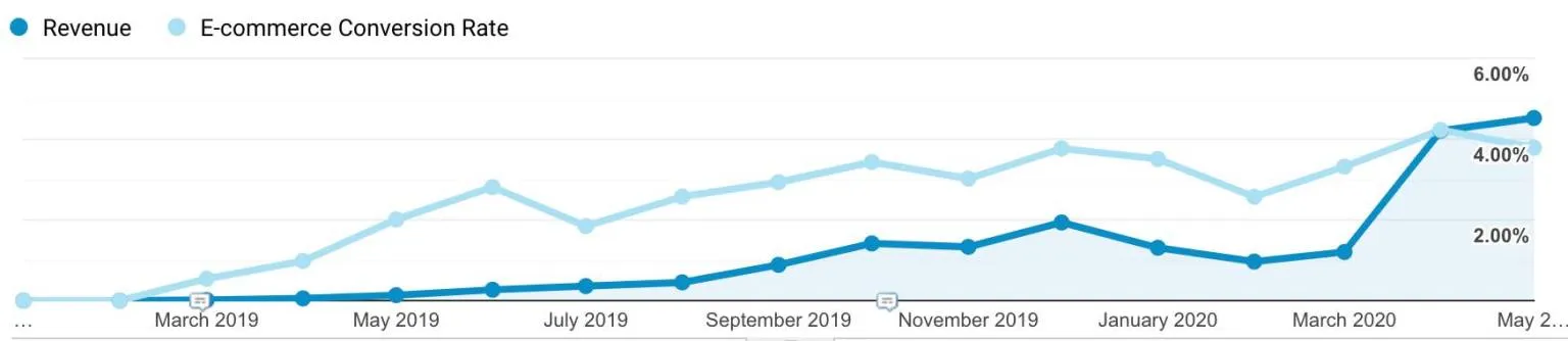 Google Analytics chart of revenue and conversion rate