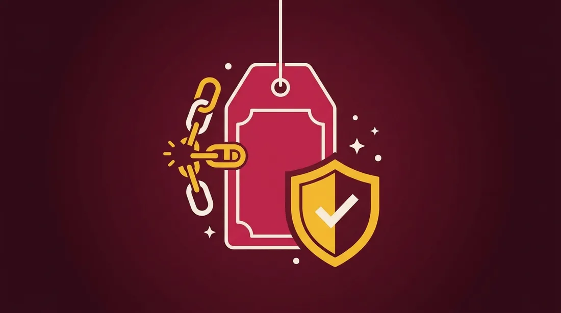 Illustration: a rose price tag with a gold shield and check mark, and a broken chain rejoined by a gold clasp.