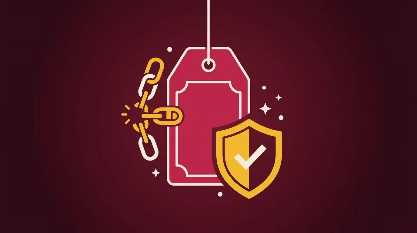 Illustration: a rose price tag with a gold shield and check mark, and a broken chain rejoined by a gold clasp.
