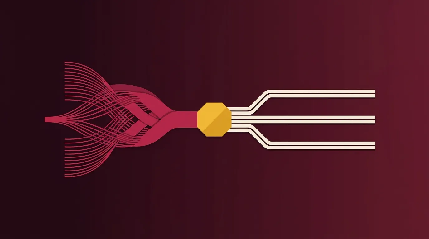 Illustration: many rose lines braiding into one ribbon and three cream lanes meeting at a single gold node.