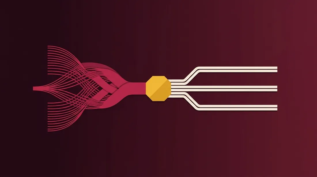 Illustration: many rose lines braiding into one ribbon and three cream lanes meeting at a single gold node.