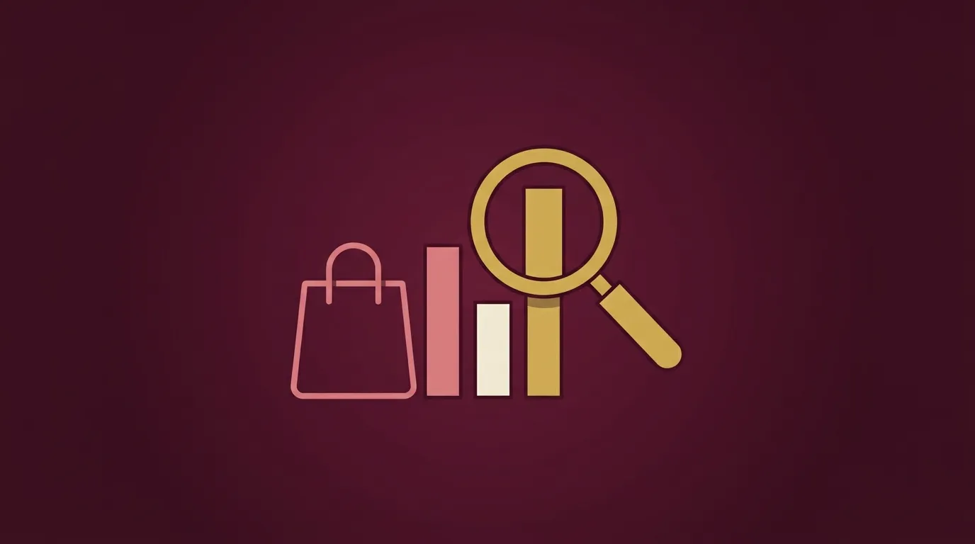 Illustration: a shopping bag beside three unequal bars, with a magnifying glass over the tallest bar.