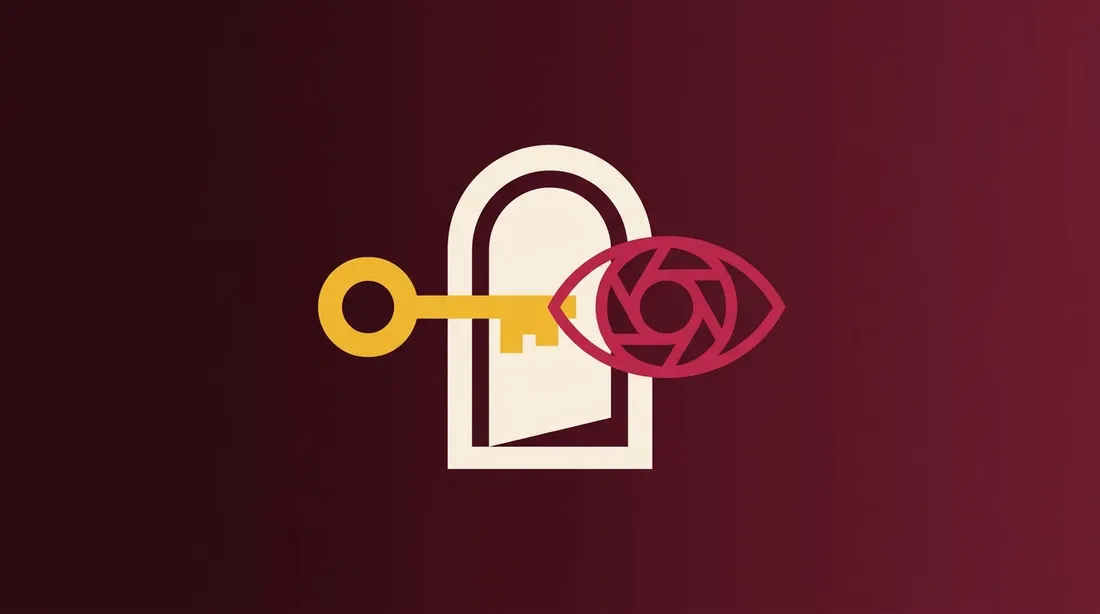 Illustration: a gold key passing through a cream doorway beside a rose eye-shaped lens.