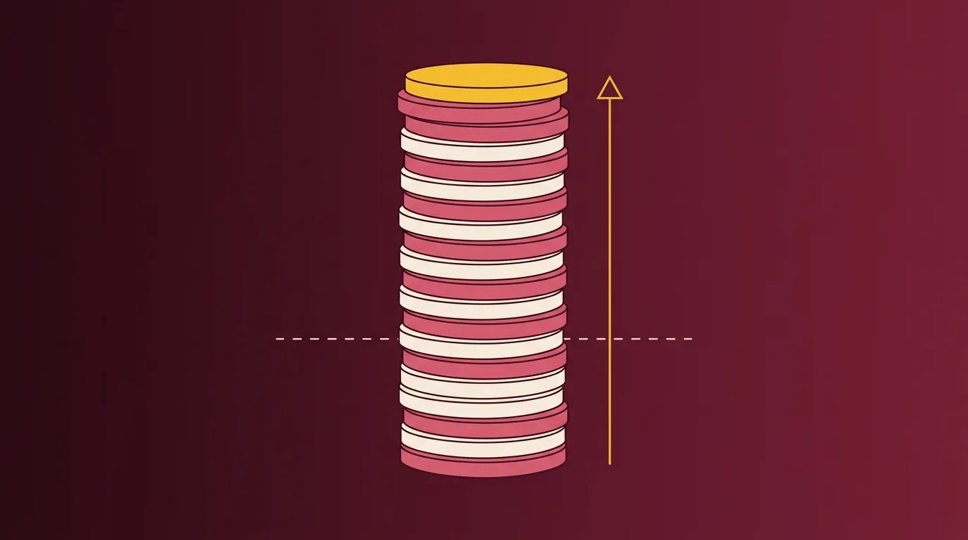 Illustration: a stack of rose and cream discs topped by a thin gold disc, with an arrow rising past a dashed breakeven line.
