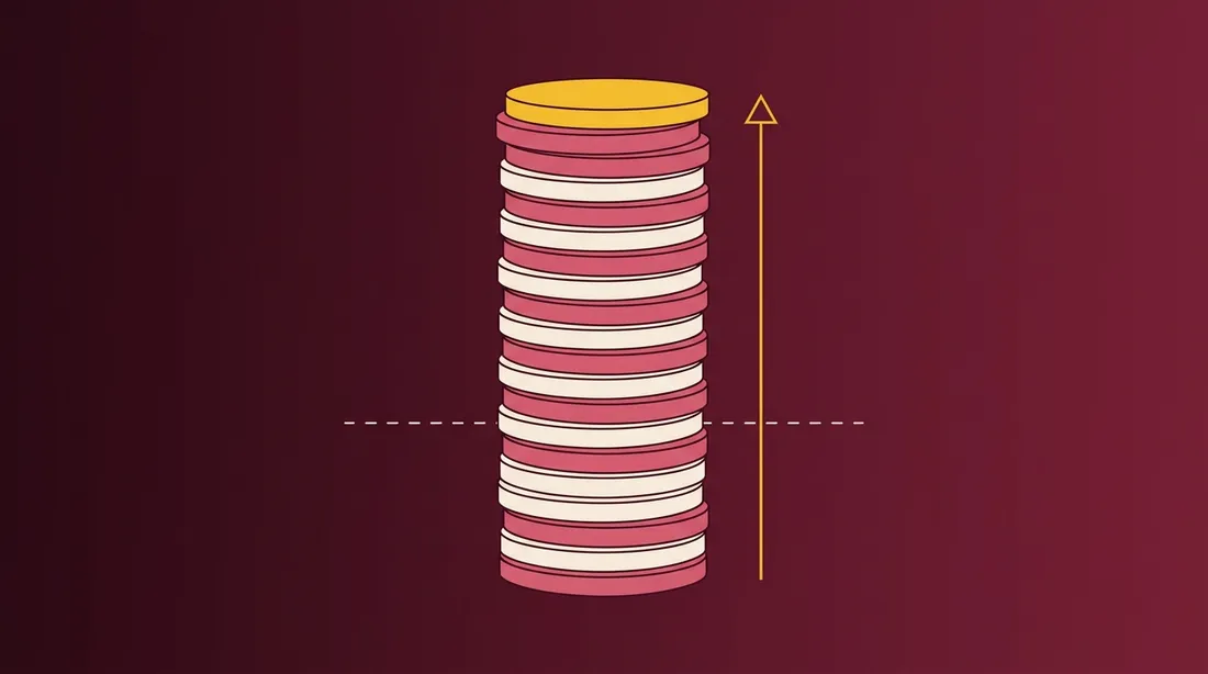Illustration: a stack of rose and cream discs topped by a thin gold disc, with an arrow rising past a dashed breakeven line.