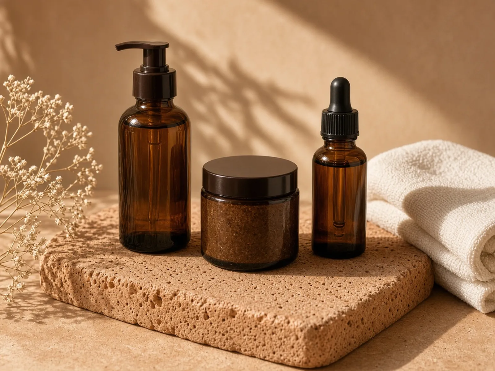 Three amber skincare bottles on a terracotta stone