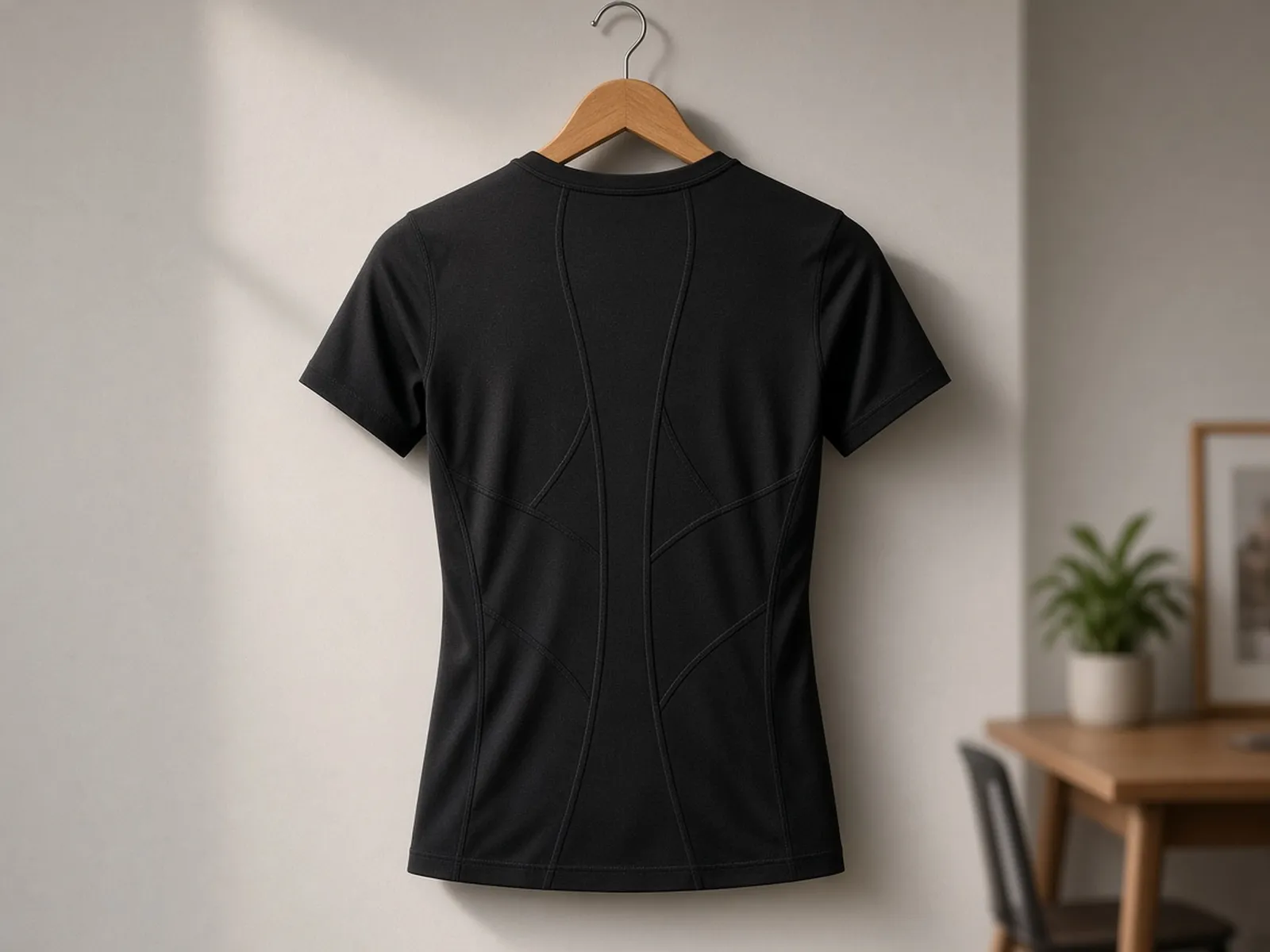 Black posture t-shirt on a hanger, back view