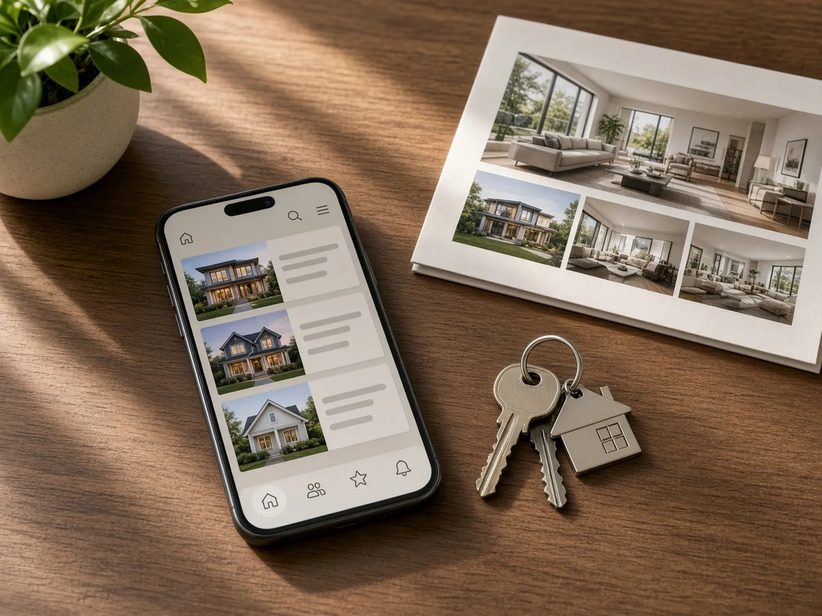 Phone showing a property-networking app beside house keys