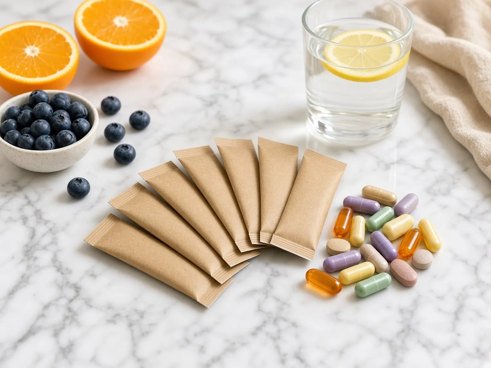 Daily vitamin sachets, capsules and fresh fruit